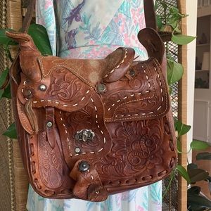 1960s Vintage Tooled Leather Saddle Bag
